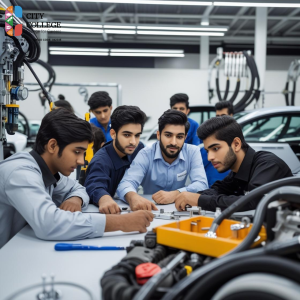 International students learning automotive technology at City College Perth classroom.