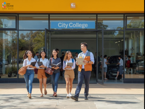 International students walking outside City College Perth campus