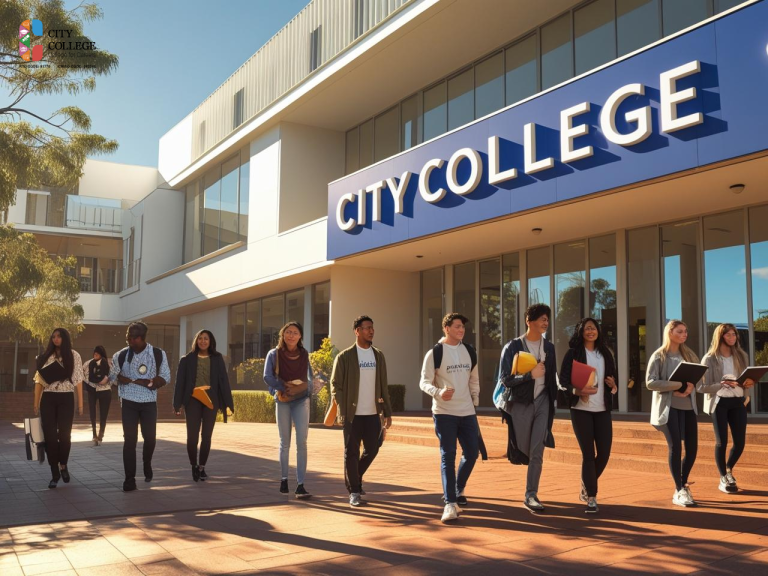 City College Perth campus with international students walking