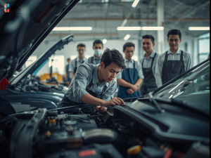 Student repairing a car engine in an automotive workshop in Perth