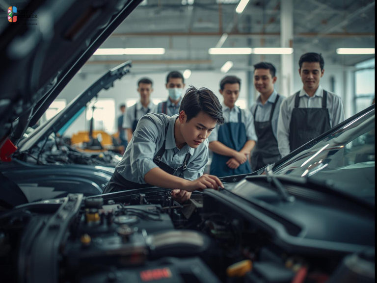 Student repairing a car engine in an automotive workshop in Perth