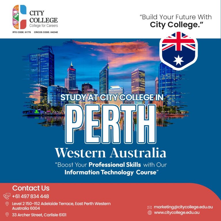Study in Australia flyer from City College Perth for international students.