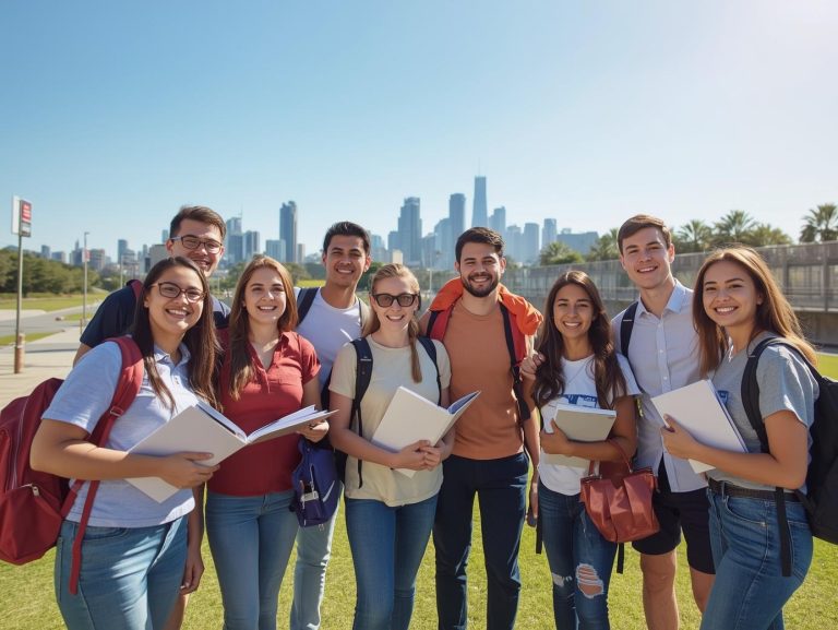 A group of diverse international students standing happily outside City College Perth, holding notebooks and backpacks, sunny Perth cityscape in the background, warm and friendly atmosphere