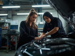 An automotive workshop training scene at City College Perth with a student learning to repair a car engine under the guidance of an instructor, modern tools and equipment visible.