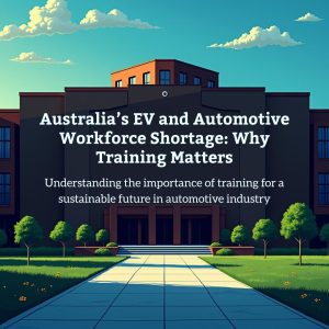 Graphic design poster with the title ‘Australia’s EV and Automotive Workforce Shortage: Why Training Matters’ over a background of City College building, featuring EV and automotive icons.