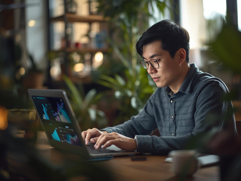 A young international student or professional in Australia sitting at a desk,