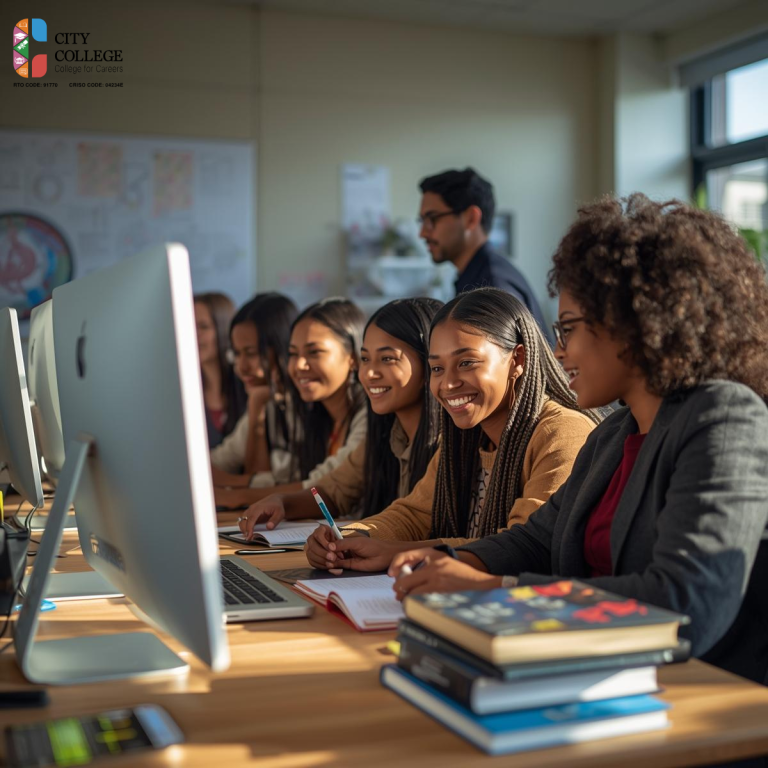 International students studying together at City College Perth classroom