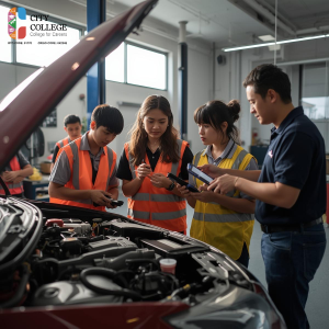 International students learning automotive workshop skills at City College Perth