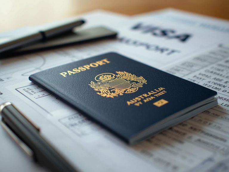 Australian visa stamp on passport with application documents on a desk.