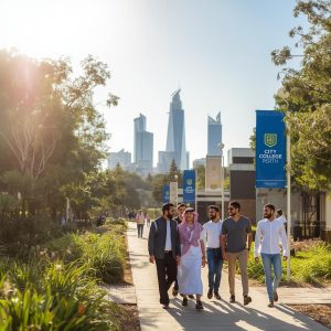 City College Perth campus building with students walking and talking outside