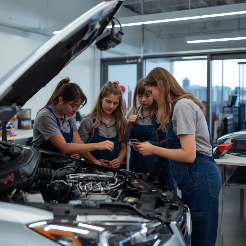 Students learning automotive repair at City College Perth workshop
