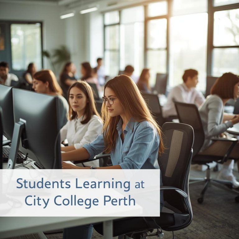 International students studying information technology together at City College Perth computer lab