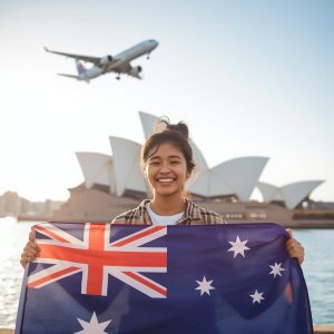 A happy international student holding an Australian flag near Sydney Opera House representing different types of Australian visas.