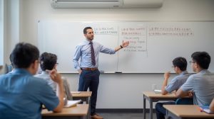 “Inside a City College Perth classroom, teacher explaining a lesson to a small group of students,