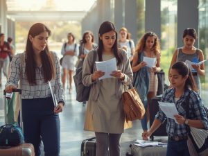 Students preparing for arrival at City College Perth, packing luggage, studying orientation material, modern Australian campus background, realistic style