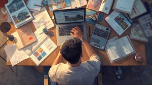A Pakistani international student sitting at a desk with a laptop, books,