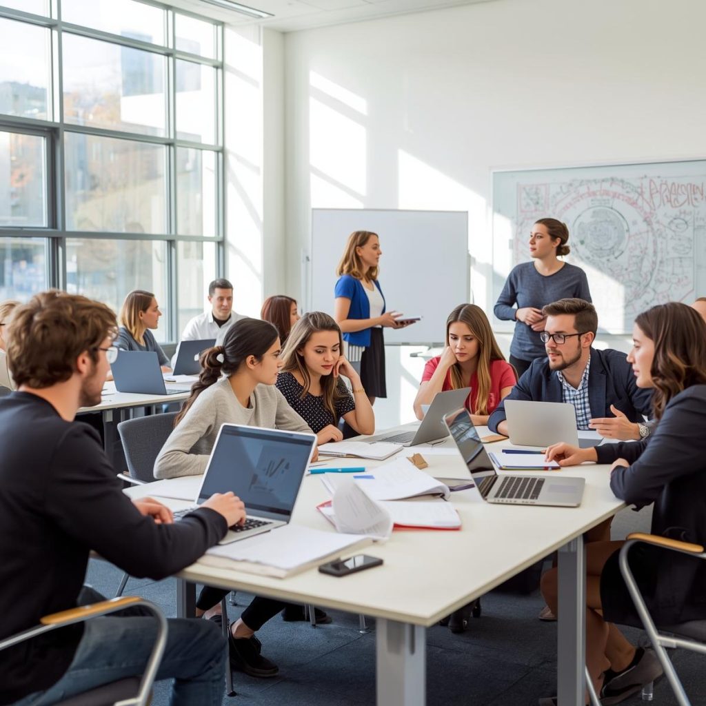 A bright and modern classroom at City College Perth, showing students actively learning with laptops,
