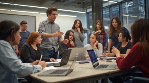 A classroom or workshop at City College with a teacher explaining a project