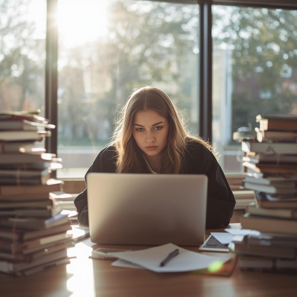A fresh, candid photo of a single graduate working on a laptop in a bright campus environment.