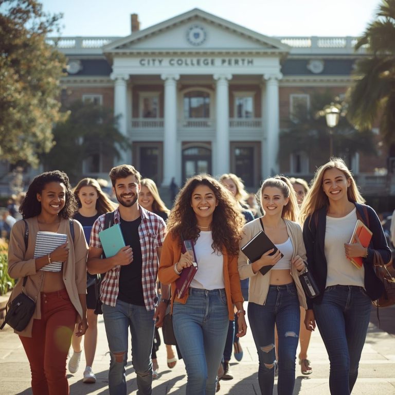 A group of international students in Perth walking on campus,