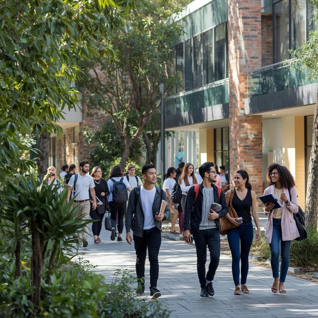 A modern college campus in Perth with international and local students walking and talking together.