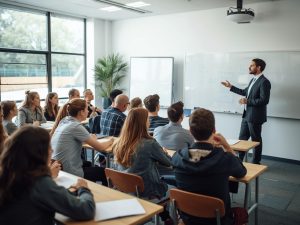 A realistic image of students attending a class in a college classroom in Perth, Australia, t