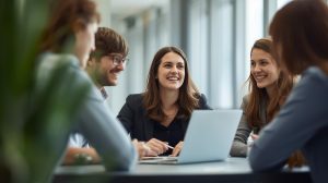 A realistic photo of a small group of City College Perth alumni casually discussing