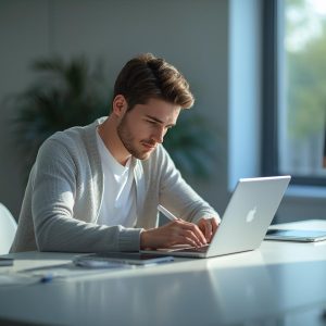A student studying with a laptop, tablet, and digital notes on a clean desk,