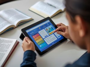 Close-up of a student using a learning app on a tablet, colorful digital interface,