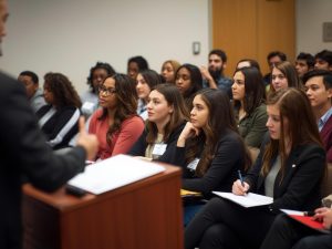 College students attending a career workshop, listening to a speaker, taking notes