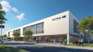 Modern Australian college building with students walking outside
