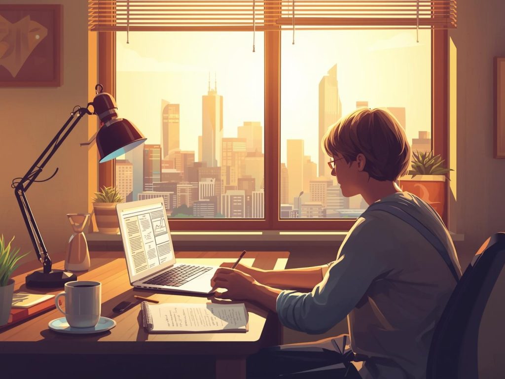 international student studying at a desk with a laptop, notes, and coffee, with Perth city skyline