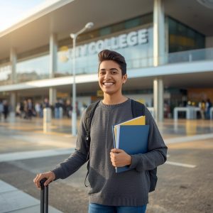 A Pakistani student arriving at Perth airport with suitcase, happy