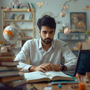 A Pakistani student studying at home with books and laptop, practicing skills like coding,