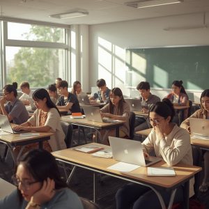 A bright and realistic classroom at City College Perth, showing diverse