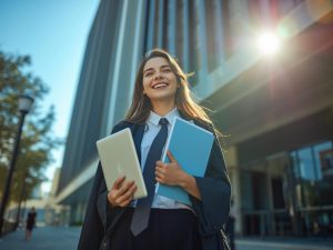 A happy young graduate in casual clothes holding a laptop and Australian work documents.