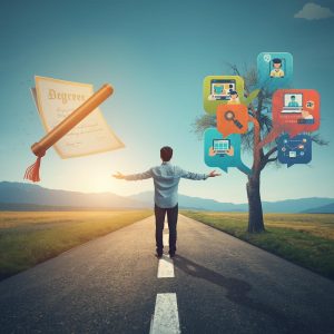 A student showing two paths_ one with a degree certificate, one with practical skills like teamwork,