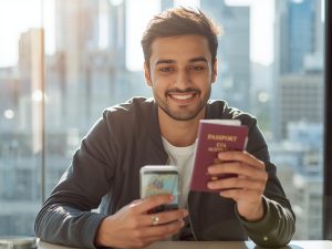 A young Pakistani student sitting at a desk, holding a passport in one hand and using a smartphone
