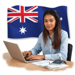 An international student sitting at a desk with a laptop, filling out an online Australia work visa application.