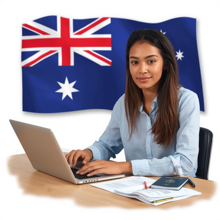 An international student sitting at a desk with a laptop, filling out an online Australia work visa application.