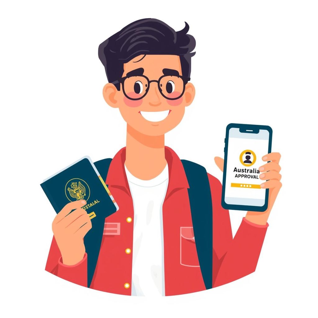 Illustration of a young Pakistani traveler holding a passport and a smartphone