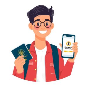 Illustration of a young Pakistani traveler holding a passport and a smartphone