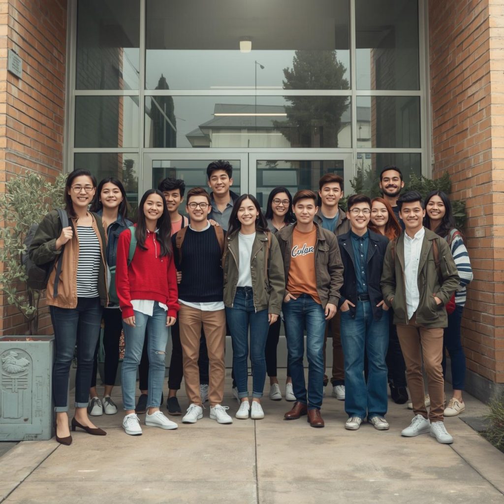 International students standing outside a college campus in Perth,