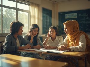 Pakistani international students studying together in a classroom in Perth
