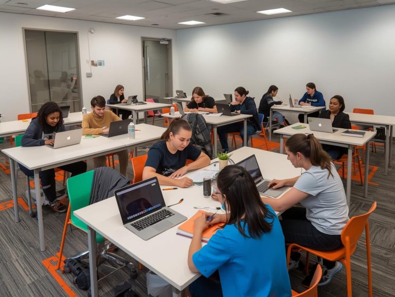 Students in a classroom at City College Perth, engaged in group activity, using laptops and books,
