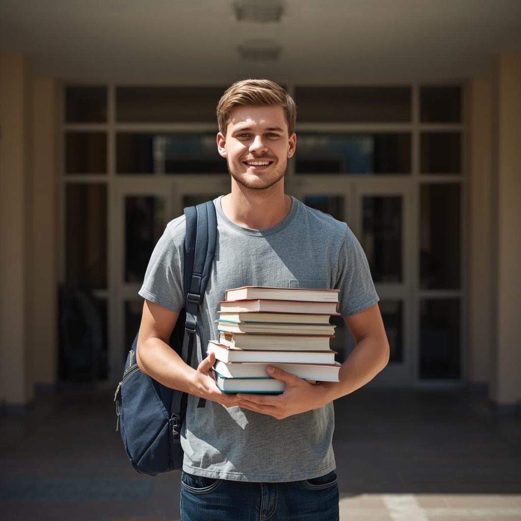 A realistic photo of a young student standing outside an Australian college campus, holding books and a backpack, l