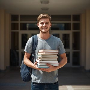 A realistic photo of a young student standing outside an Australian college campus, holding books and a backpack, l
