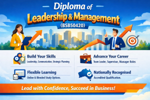 Diploma of Leadership and Management (BSB50420) infographic highlighting skills and career opportunities
