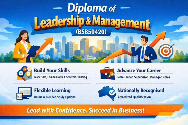 Diploma of Leadership and Management (BSB50420) infographic highlighting skills and career opportunities