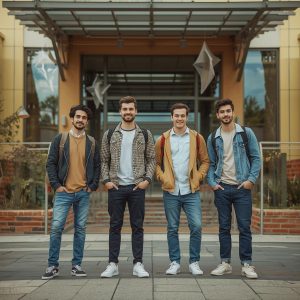 International students standing outside a college campus in Perth, casual clothes, friendly environment, realistic photography